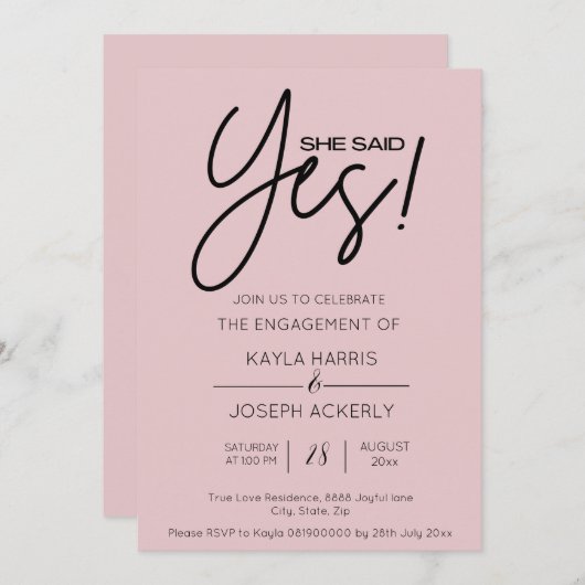 Sie sagte ja Dusty Rose Verlobung Einladung (Vorne/Hinten)