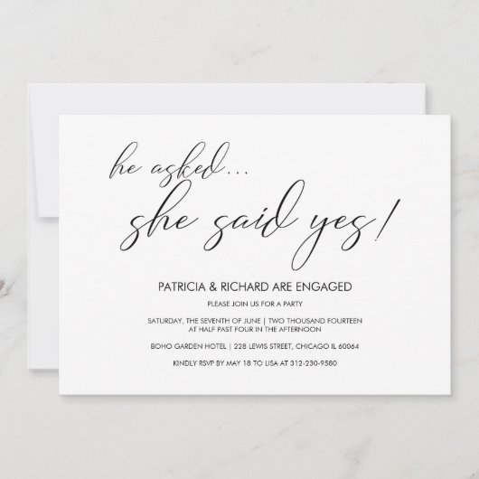 Sie sagte Ja, einfache Kalligrafie-Engagement-Part Einladung (Vorderseite)