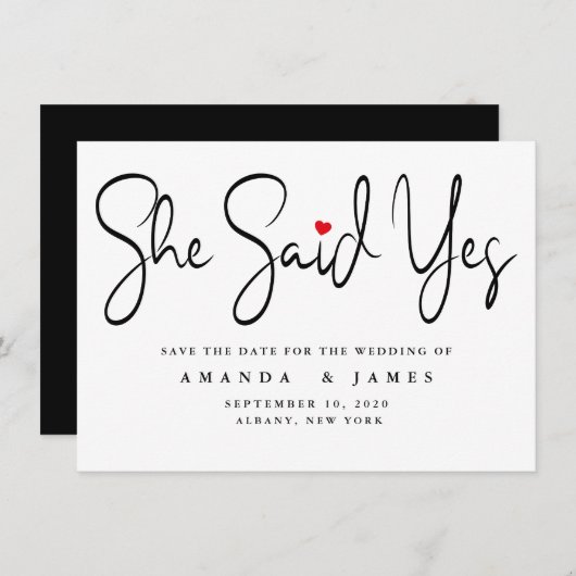 Sie sagte: Ja Einfache Minimalistische schwarze Sc Save The Date (Vorne/Hinten)