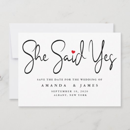 Sie sagte: Ja Einfache Minimalistische schwarze Sc Save The Date (Vorderseite)