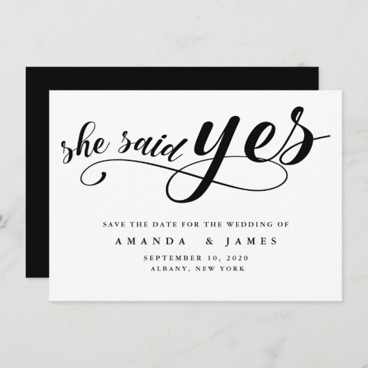 Sie sagte: Ja Einfache Minimalistische schwarze Sc Save The Date (Vorne/Hinten)