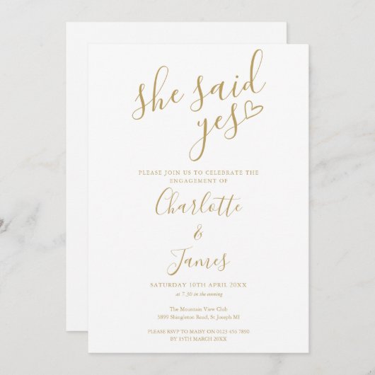 Sie sagte ja Engagement Partei Gold Liebe Herz Einladung (Vorne/Hinten)