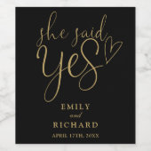 Sie sagte Ja Engagement Partei schwarz und Gold Weinetikett (Einzelnes Label)