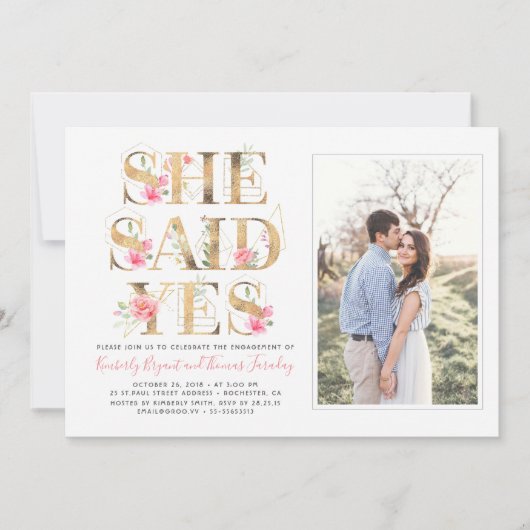 Sie sagte Ja Floral Elegantes Engagement Party Fot Einladung (Vorderseite)