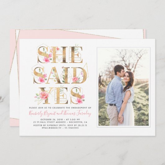 Sie sagte Ja Floral Elegantes Engagement Party Fot Einladung (Vorne/Hinten)
