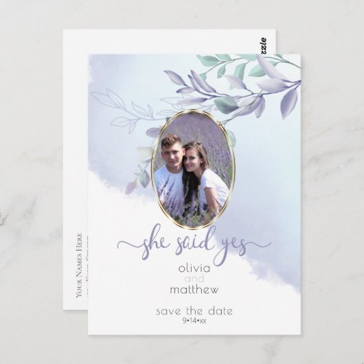 Sie sagte: Ja Floral Oval Save the Date Postkarte (Vorne/Hinten)