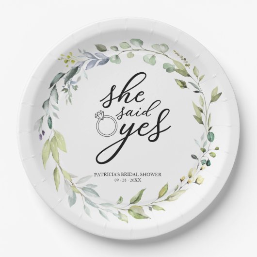 Sie sagte ja Greenery Eucalyptus Brautparty Pappteller (Vorderseite)