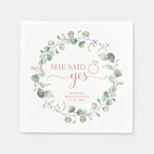 Sie sagte ja Greenery Eucalyptus Brautparty Serviette (Vorderseite)