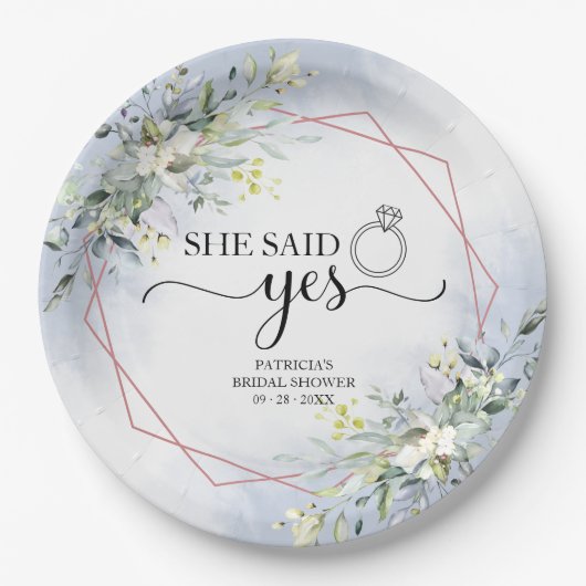 Sie sagte ja Greenery Geometric Bridal Napkins Pap Pappteller (Vorderseite)