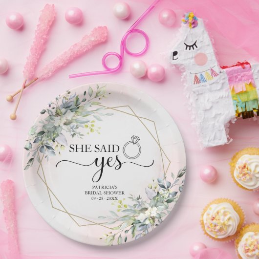 Sie sagte ja Greenery Geometric Bridal Pappteller (Party)