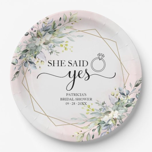 Sie sagte ja Greenery Geometric Bridal Pappteller (Vorderseite)