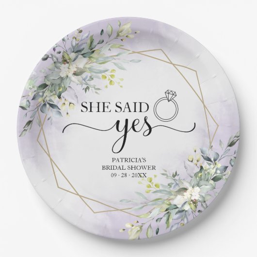 Sie sagte ja Greenery Geometric Bridal Pappteller (Vorderseite)