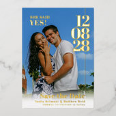 Sie sagte ja Hochzeitstag Verlobung Fotos Folieneinladung (Vorderseite)