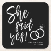 Sie sagte ja! | In-Party-Script schwarz Rechteckiger Pappuntersetzer (Vorderseite)