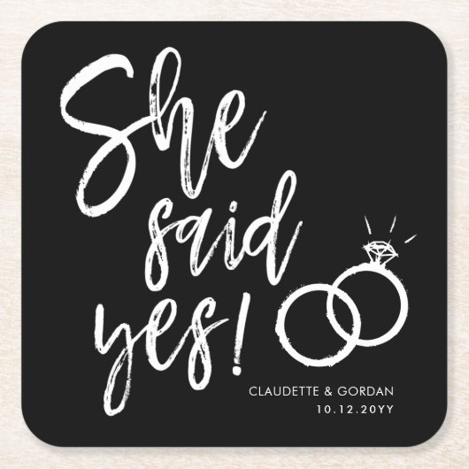 Sie sagte ja! | In-Party-Script schwarz Rechteckiger Pappuntersetzer (Vorderseite)
