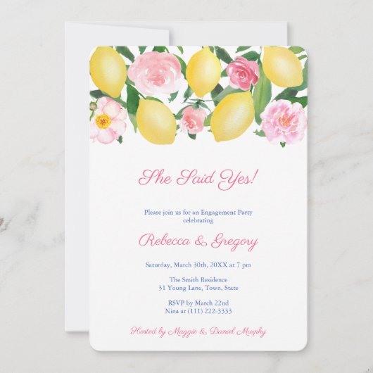 Sie sagte ja! Lemons & Blue Tiles Engagement Party Einladung (Vorderseite)