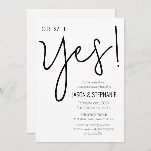 Sie sagte Ja Minimale Engagement Party Einladung (Vorne/Hinten)
