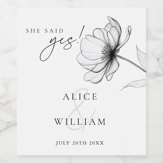 Sie sagte ja Minimalistische florale Engagement Pa Weinetikett (Einzelnes Label)