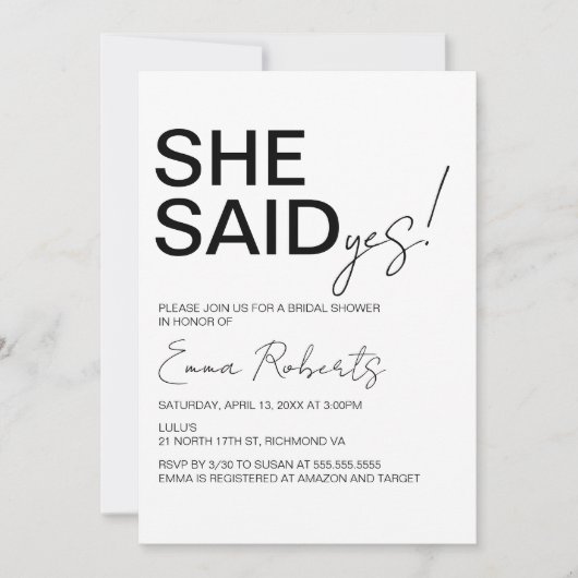 Sie sagte ja, Minimalistisches Brautparty Einladung (Vorderseite)