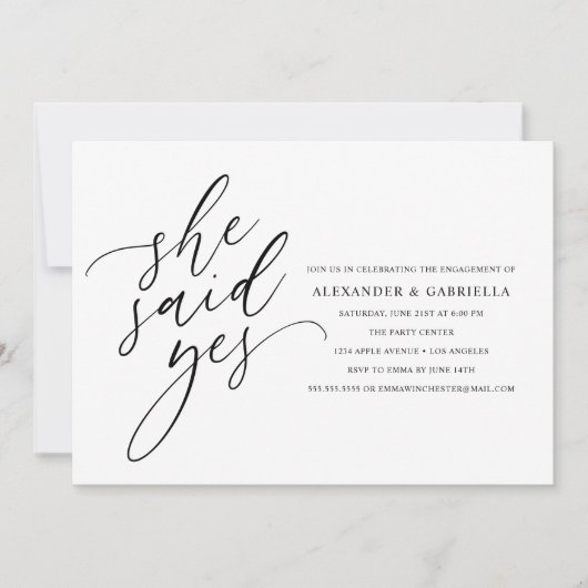 Sie sagte Ja, Moderne Black Script Engagement Part Einladung (Vorderseite)