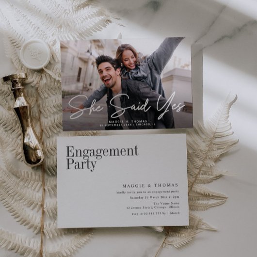 Sie sagte ja, moderne Script Foto Verlobung Einladung