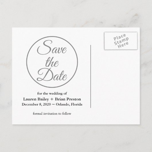Sie sagte Ja Modernes Foto Save the Date - grau Ankündigungspostkarte (Rückseite)