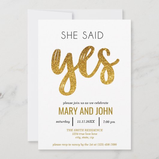 Sie sagte ja, neue Gold Glitzer Engagement Party Einladung (Vorderseite)