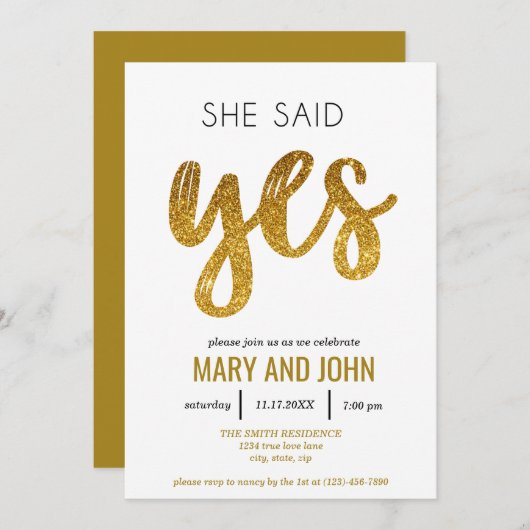 Sie sagte ja, neue Gold Glitzer Engagement Party Einladung (Vorne/Hinten)
