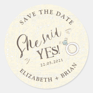 Sie sagte ja niedliche Abbildung Save the Date Runder Aufkleber