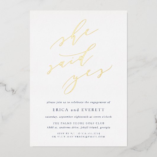 Sie sagte ja | Partei für kalligraphisches Engagem Folieneinladung (Vorderseite)