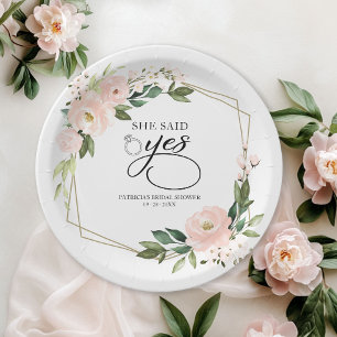Sie sagte Ja Pinker Errötender Geometrischer Braut Pappteller