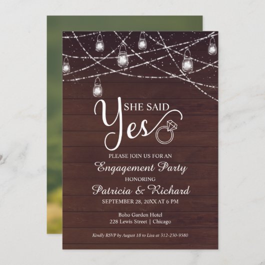 Sie sagte Ja Rustikale Engagement Partei Einladung (Vorne/Hinten)