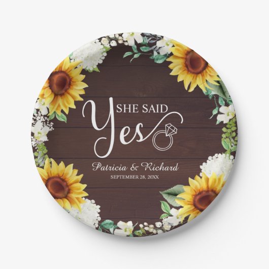 Sie sagte Ja Rustikale Sonnenblumen Engagement Par Pappteller (Vorderseite)