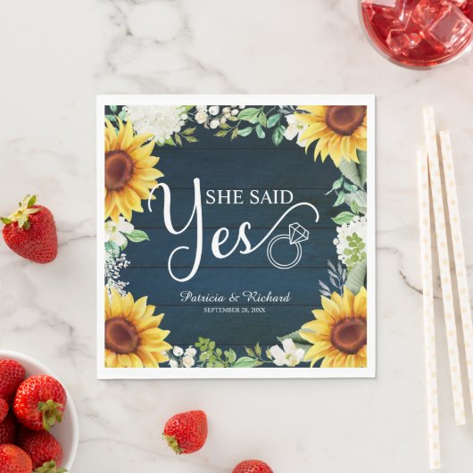 Sie sagte Ja Rustikale Sonnenblumen Engagement Par Serviette (Beispiel)