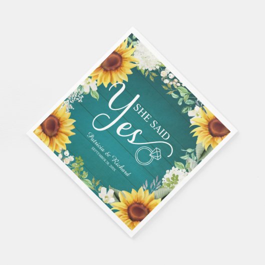 Sie sagte Ja Rustikale Sonnenblumen Engagement Par Serviette (Ecke)