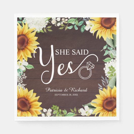Sie sagte Ja Rustikale Sonnenblumen Engagement Par Serviette (Vorderseite)