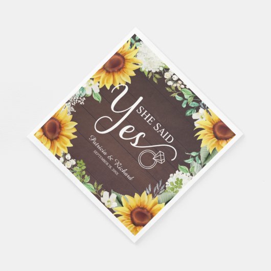 Sie sagte Ja Rustikale Sonnenblumen Engagement Par Serviette (Ecke)