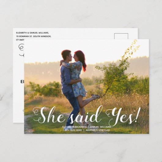 Sie sagte ja Save the Date Hochzeitsankündigung Postkarte (Vorne/Hinten)