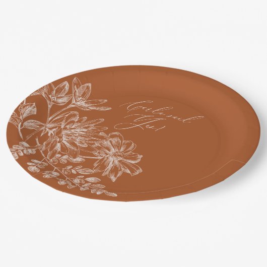 Sie sagte ja Terra Cotta Monogram Floral Pappteller (Schrägansicht)