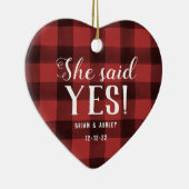 Sie sagte ja! Verlobtes Foto Red Buffalo Karo Keramik Ornament (Rechts)