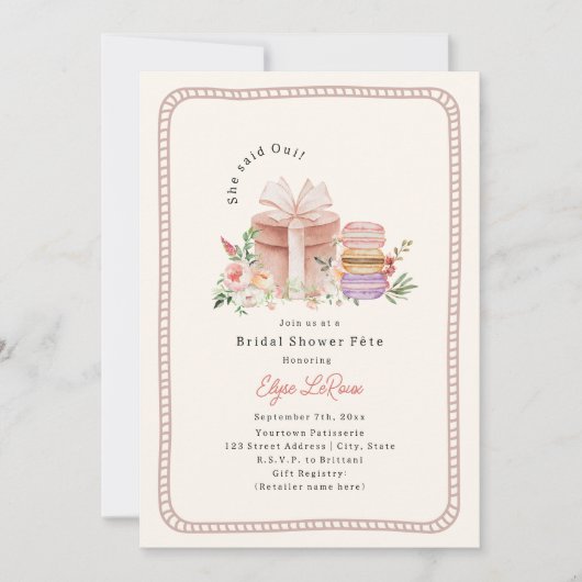 Sie sagte Oui Französisch Macaron Brautparty Borde Einladung (Vorderseite)