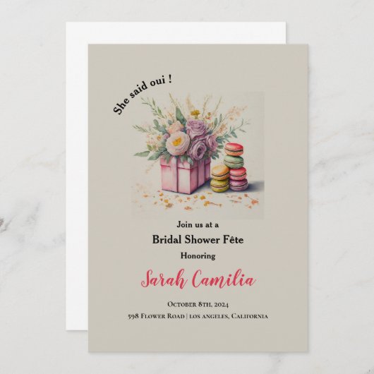 Sie sagte Oui Macaron Französisch Brautparty Fête Einladung (Vorne/Hinten)