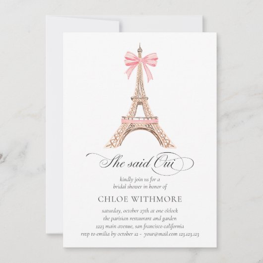 "Sie sagte Oui Paris Bow Eiffel Tower Whimsical Einladung (Vorderseite)