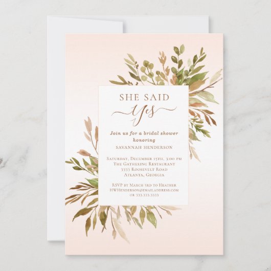 Sie sagte Yes Fall Greenery Brautparty Einladung (Vorderseite)
