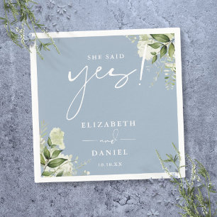 Sie sagte Yes Greenery Dusty Blue Engagement Party Serviette