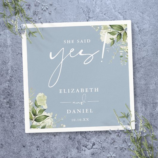 Sie sagte Yes Greenery Dusty Blue Engagement Party Serviette