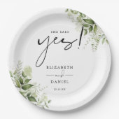 Sie sagte Yes Greenery Floral Engagement Party Pappteller (Vorderseite)