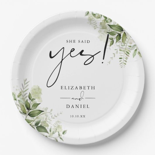 Sie sagte Yes Greenery Floral Engagement Party Pappteller (Vorderseite)