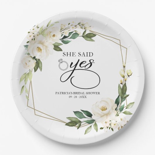 Sie sagte Yes Greenery Geometric Brautparty Pappteller (Vorderseite)
