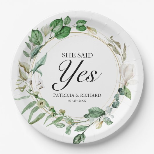 Sie sagte Yes Greenery Geometric Verlobung Pappteller (Vorderseite)